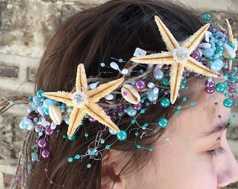 Bandeau de mariée de plage- Bandeau de cheveux d’étoile de mer- Accessoire de cheveux de mariage de plage- Postiche de sirène- Couronne de coquillages- Diadème de coquillages- Sirène arc-en-ciel