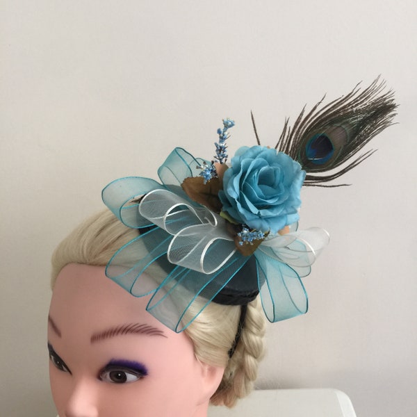 Blue rose flower fascinator- Peacock feather  flower hairpiece- Gothic wedding-  Bridal floral hairband- Derby hat- leather fascinator