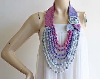 Crochet Necklace-Multicolor Rose Necklace-Jewelry Scarf-Handmade Loop Scarf -Cotton Spring Necklace-Shades of Blue Necklace