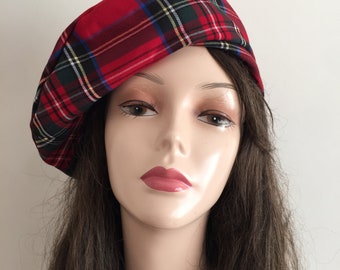 Français béret- Bonnet d’automne d’hiver- Écossais- Chapeau Slouchy- Tam français- Chapeau de béret rouge -Hiver -Cadeau de Noël pour elle- Béret tartan à carreaux