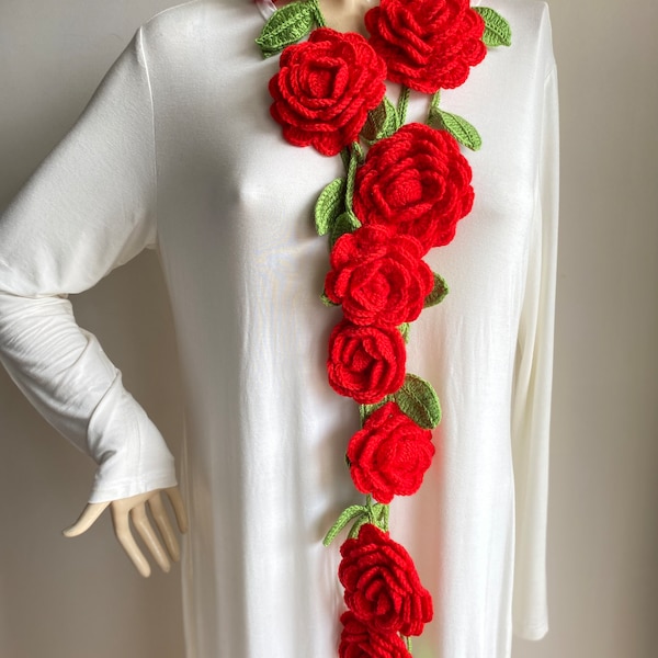 Ivy Red Rose Necklace- Lariat Scarf- Big Rose Flower Jewelry- Crochet Neck Accessory- Anniversary  Gift- festival scarf- rose garden garland