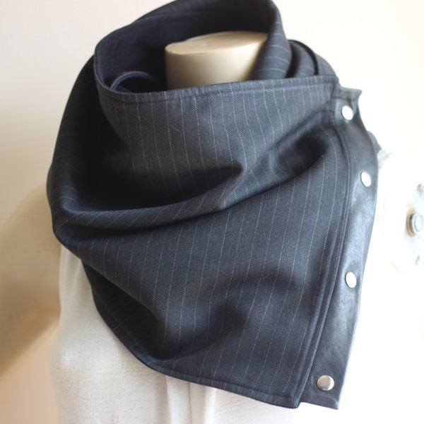 Unisex Scarf - Men and Women Infinity Scarf - England Wool Dormeuil Fabric-Cowl-Smoked Gray  Wool with Leather and Metallic Snaps .