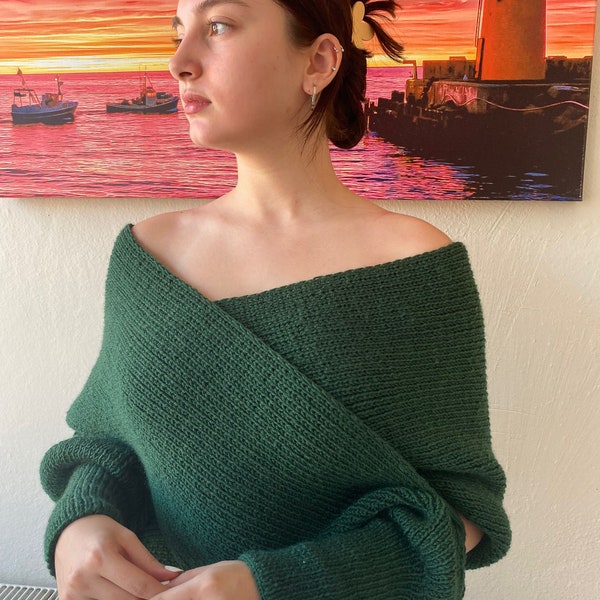 Pull chaud- Pullover Blouse- enveloppement nuptial de mariage- Emerald Loose Cardigan- Off Shoulder Sweater- vêtements boho minimalistes