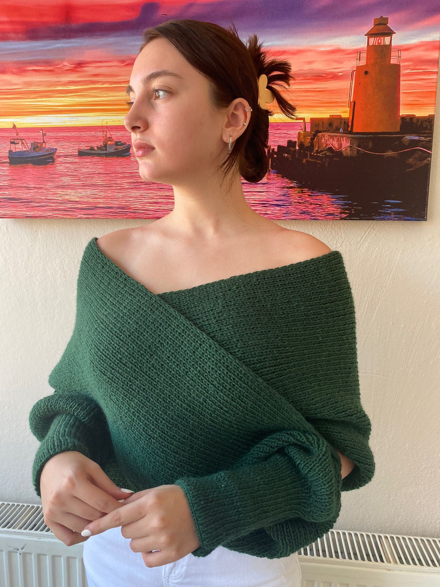 Green off Shoulder Sweater Etsy