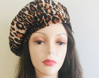 Classic Slouchy Beret-Women's brown beret hat- Leopard pattern- Vintage style velvet- Leopard skin winter women -French- gift for her sister