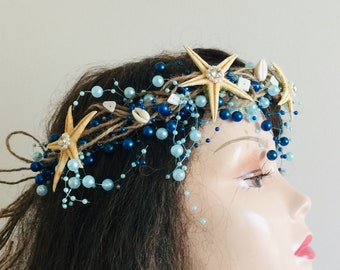 Mermaid Costume Girl -Beach Bridal crown -Mermaid Crown Blues-Cosplay -Starfish Crown -Seashell Headband -Hen Party -Quinceañera -Hair Tiara