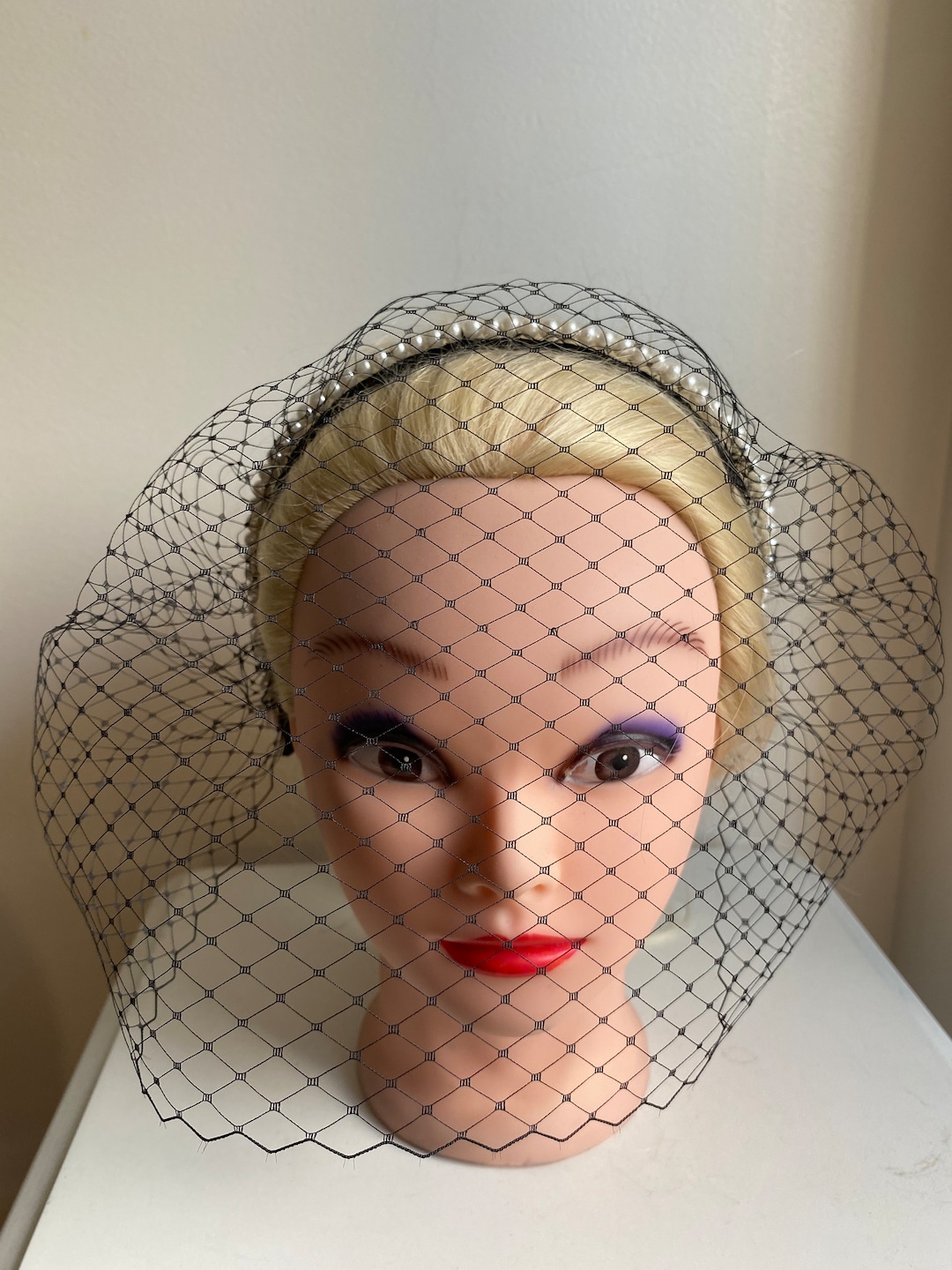 Black Birdcage Veil With Pearls Funeral Headpiece Gothic Wedding Veil
