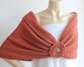 Copper Bridal Capelet / Wedding Wrap Shrug Bolero/Hand Knit  Shawl/ Scarf with Rhinestone-Vegan Cape