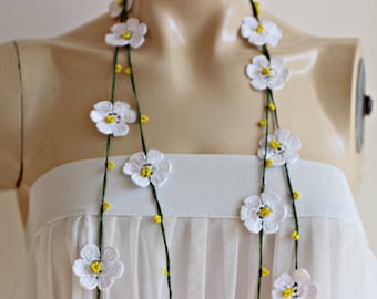 White Necklace-Crochet Necklace-Turkish Oya necklace-Lariat Necklace - Flower Necklace-Daisy Necklace