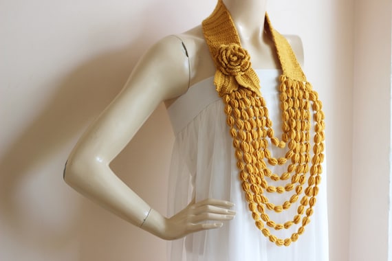 Mustard Crochet Necklace Flower Necklace Scarf Jewelry Scarf handmade Loop Scarf vegan Scarf crochet Jewelry Layering Etsy Canada