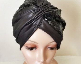 Black Sequin Turban- Black Sparkly Turban- Glitter  Shiny  Sequined Turban -Jersey Leather turban