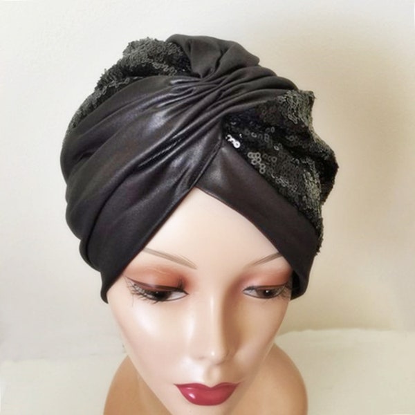 Black Sequin Turban- Black Sparkly Turban- Glitter  Shiny  Sequined Turban -Jersey Leather turban