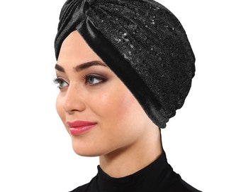 Black Velvet Turban-Black Sequin Turban-Black Sparkly Turban-Black Turban-Glitter  Shiny Sequined Turban -Velvet Turban