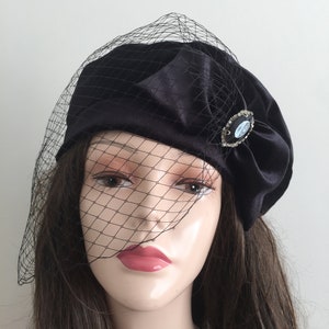 Black velvet beret with a bow- Funeral Veil Hat- Merry Widow  ceremony hat- Birdcage wedding -formal beret- black hat with rhinestone