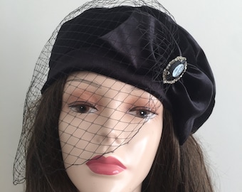 Black velvet beret with a bow- Funeral Veil Hat- Merry Widow  ceremony hat- Birdcage wedding -formal beret- black hat with rhinestone