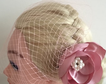 Pink flower fascinator with black or pink  birdcage veil- Wedding bridal fascinator- Magenta pink or blush flower-