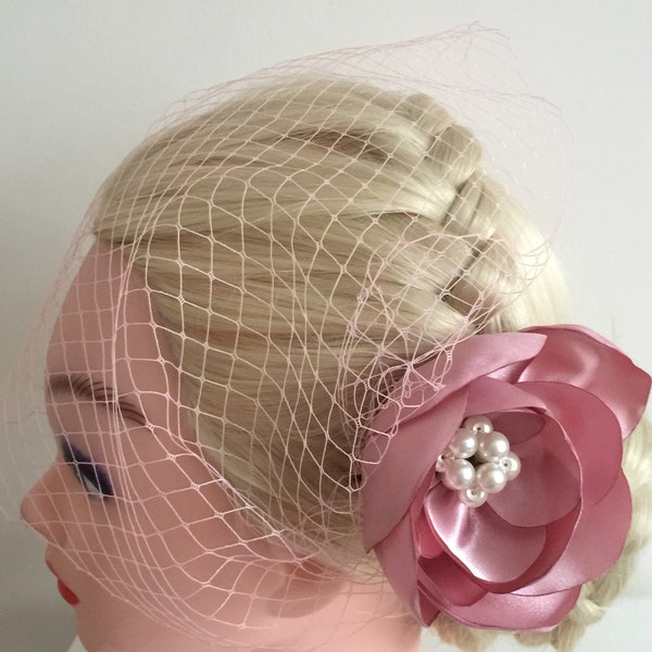 Pink flower fascinator with black or pink  birdcage veil- Wedding bridal fascinator- Magenta pink or blush flower-