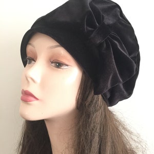 Black velvet beret with a bow- tam french- warm winter hat- Velvet Slouchy  Beanie- funeral hat- formal beret- black hat