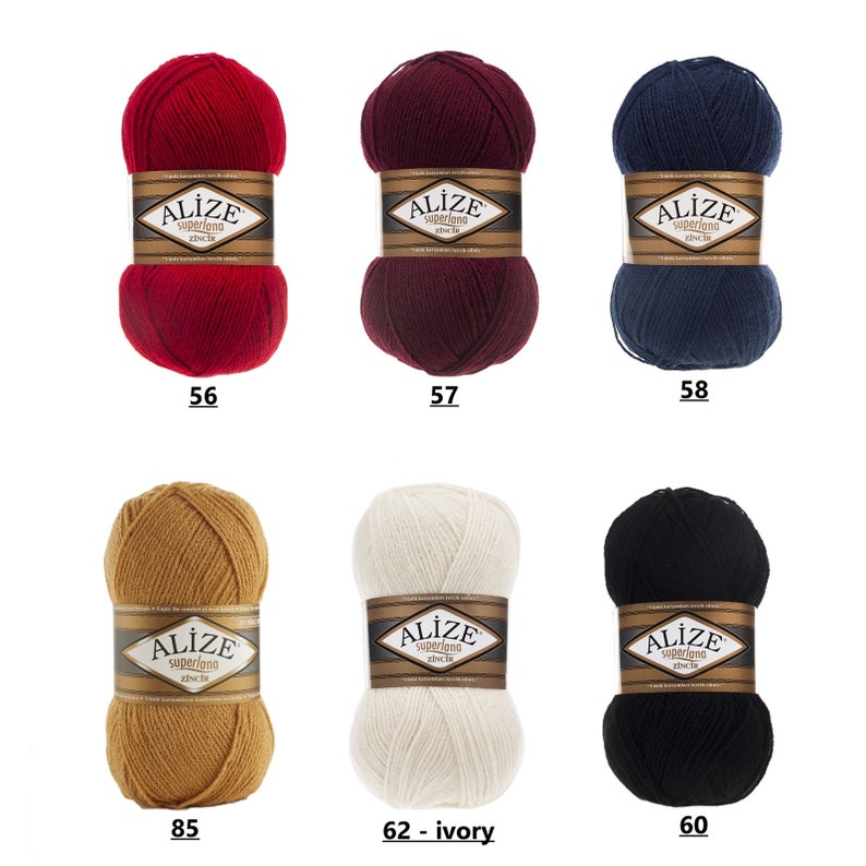 May include: Six skeins of yarn in various colors, including red, burgundy, navy blue, beige, white, and black. Each skein has a label that reads "Alize superlana zincir".