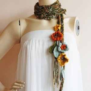 Green Crochet Scarf-Lariat Necklace Scarf Olive Green Mustard Orange Scarf-Flowers and Leaves Scarf-Hippie Scarf image 3