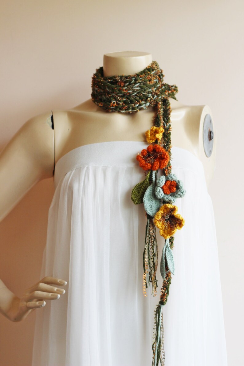 Green Crochet Scarf-Lariat Necklace Scarf Olive Green Mustard Orange Scarf-Flowers and Leaves Scarf-Hippie Scarf image 3