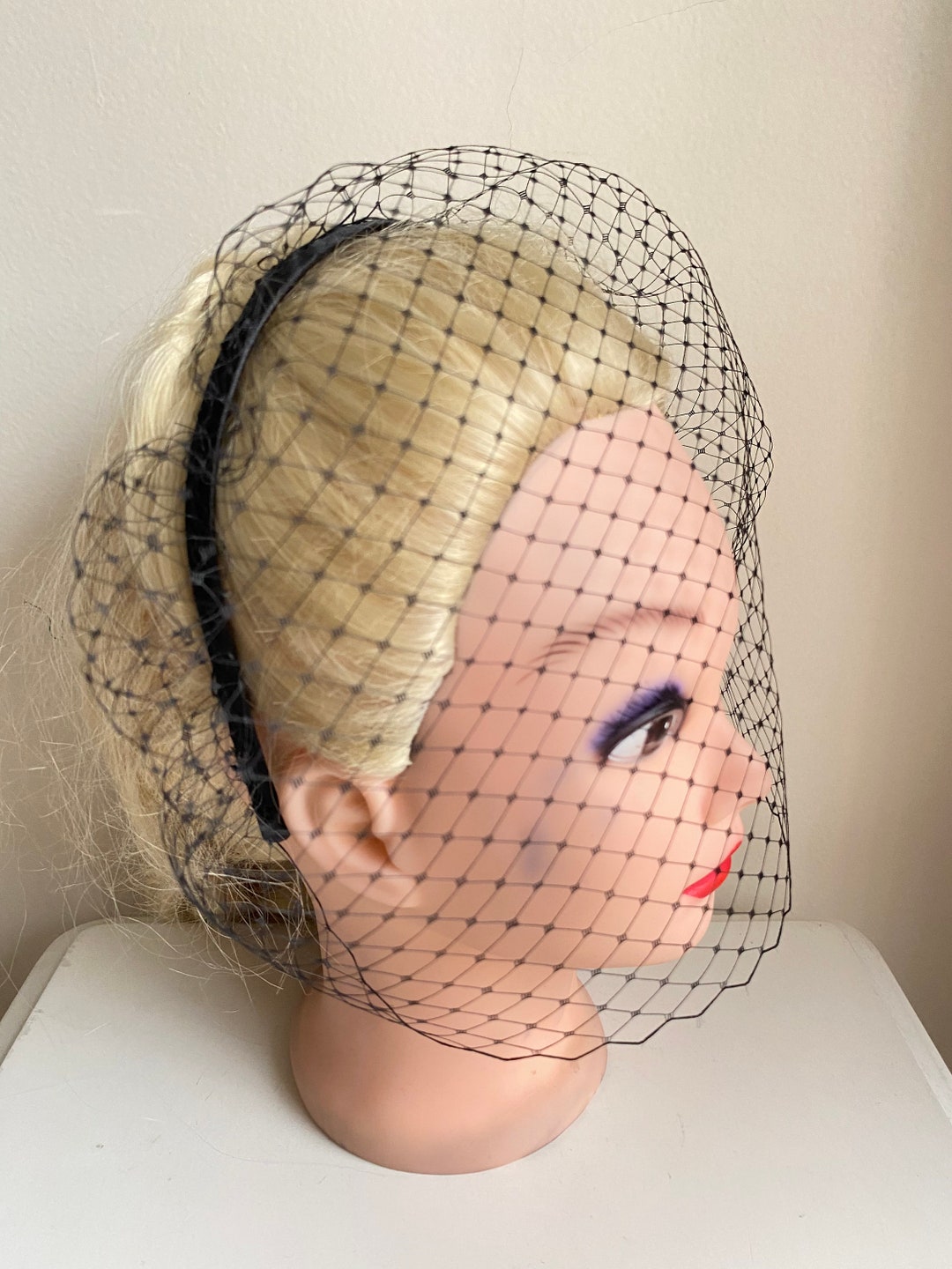 Black Birdcage Veil Funeral Headpiece Gothic Blusher Bandeau Wedding