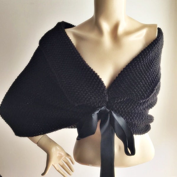 Black Bridal Capelet / Wedding Wrap Shrug Bolero/Hand Knit Shawl with  Ribbon-Vegan Cape-black evening shawl