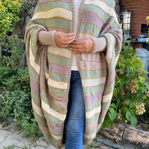 Plus size wool chunky hand knit soft batwing kimono cardigan,Striped,long ditressed ready to wear wrap sweater-knit blanket sweater-knitwear