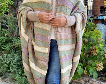 Plus size wool chunky hand knit soft batwing kimono cardigan,Striped,long ditressed ready to wear wrap sweater-knit blanket sweater-knitwear