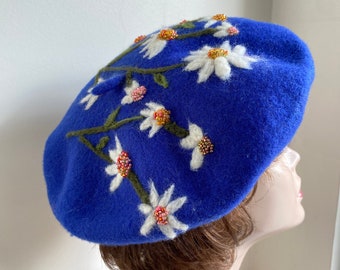 Royal Blue felt beret -Beaded White daisies cap- winter hat- Christmas  gift hat-Needle Felted hat-French Painter Beret- floral beret-L size