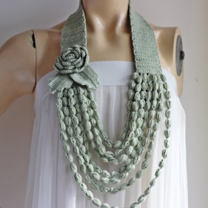 Crochet Necklace-Sage Green Necklace- Rose  Necklace -  Jewelry Scarf-Handmade Loop Scarf -Cotton Spring Necklace
