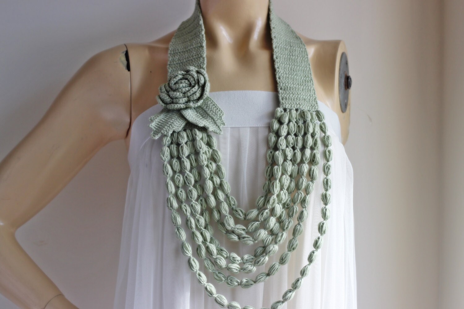 Crochet Necklace sage Green Necklace Rose Necklace Jewelry Scarf handmade Loop Scarf cotton Spring Necklace Etsy Canada