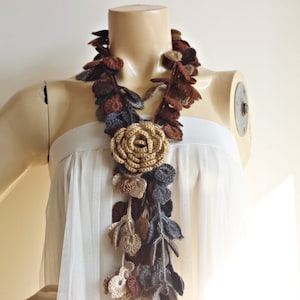 Leaf Crochet Scarf- Leaves  Necklace Scarf- Multicolor Lariat Scarf-Necklace Lariat Scarf-Shades of Brown and Grey Scarf-Vegan -2 pcs- 86462
