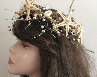 Buy Ivory Gold Crystal Quartz Mermaid Crown Sea Shell Hair  display picture 3