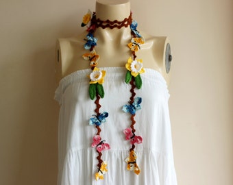 Butterfly Crochet Scarf- Flower Lariat Scarf- Jewelry Scarf-Daffodil/Jonquil/Narcissus Scarf-christmas gift