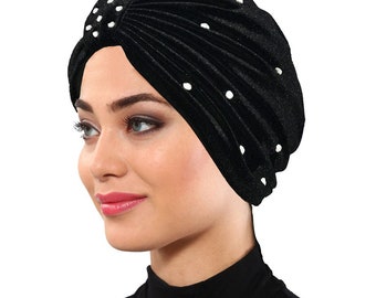 Velvet Turban with Swarovski  Crystal - Black Hair Wrap in Jersey -Turban Headband /Bohemian  Black Turban Hat- Rhinestone  Headwrap