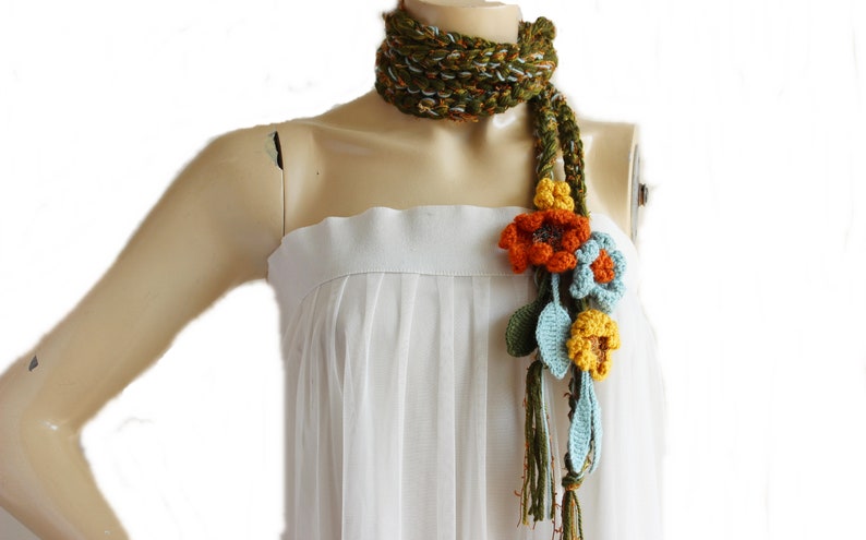 Green Crochet Scarf-Lariat Necklace Scarf Olive Green Mustard Orange Scarf-Flowers and Leaves Scarf-Hippie Scarf image 1