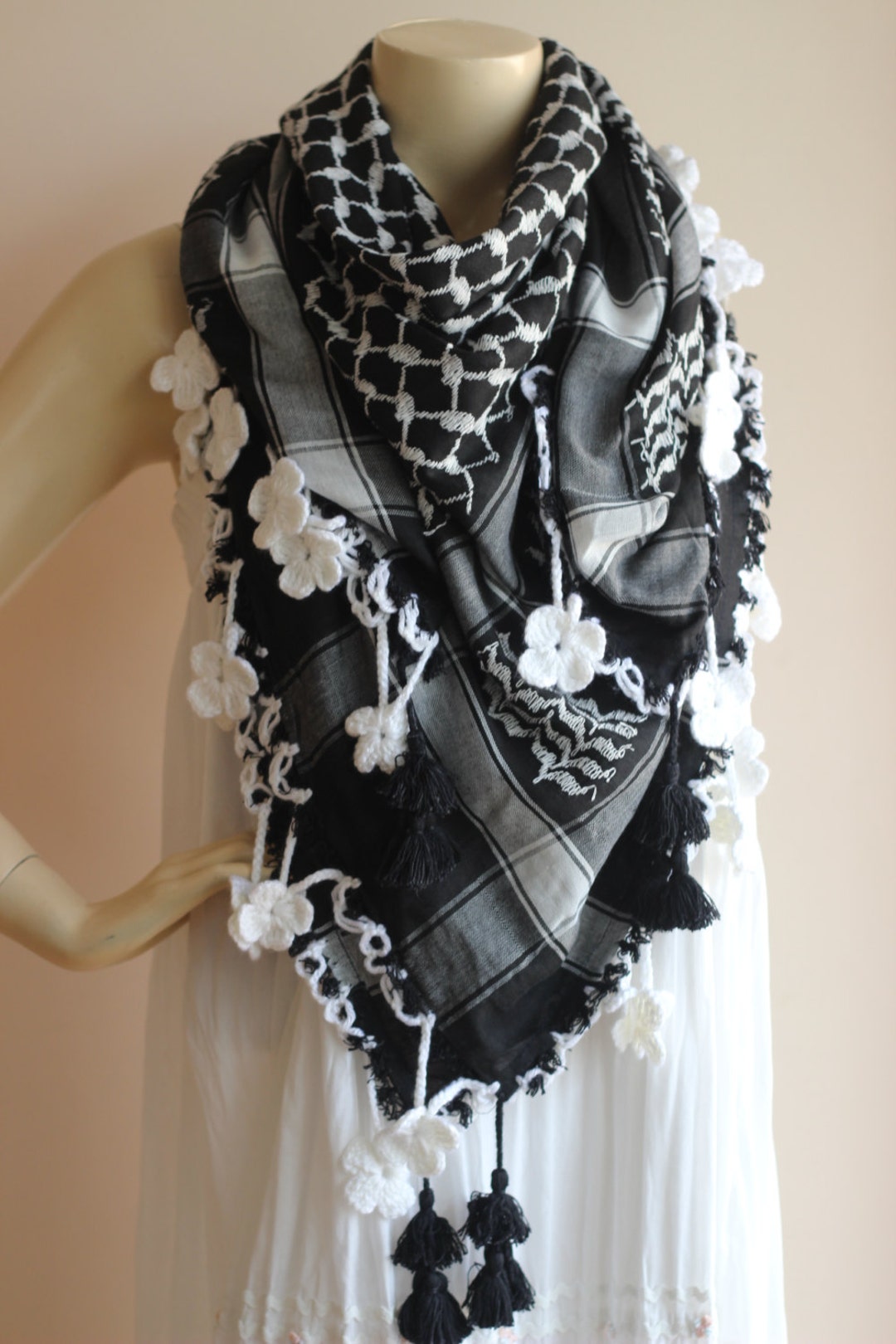 Keffiyeh Scarfblack and White Square Scarf With Hand Crochet Lace