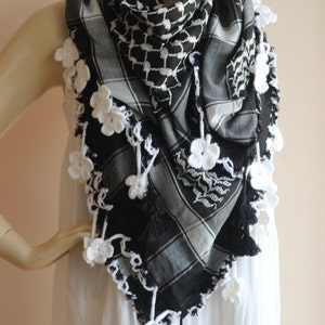 Keffiyeh Scarf-Black and White Square Scarf with Hand Crochet Lace Flowers