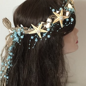 Chica traje de sirena -Diadema de concha -Quinceañera-Corona nupcial de playa -Corona de sirena azul -Cosplay -Corona de estrella de mar -Fiesta de gallina -Tiara de pelo