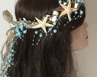 Chica traje de sirena -Diadema de concha -Quinceañera-Corona nupcial de playa -Corona de sirena azul -Cosplay -Corona de estrella de mar -Fiesta de gallina -Tiara de pelo