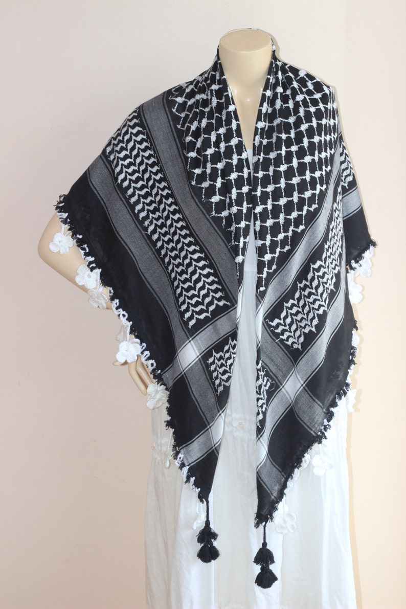 Keffiyeh Scarfblack and White Square Scarf With Hand Crochet Etsy