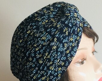 blue and yellow head scarf- Daisy headband hat- 50th birthday idea- hijab turban  hat- head covering for chemo hair loss- navy gift for her