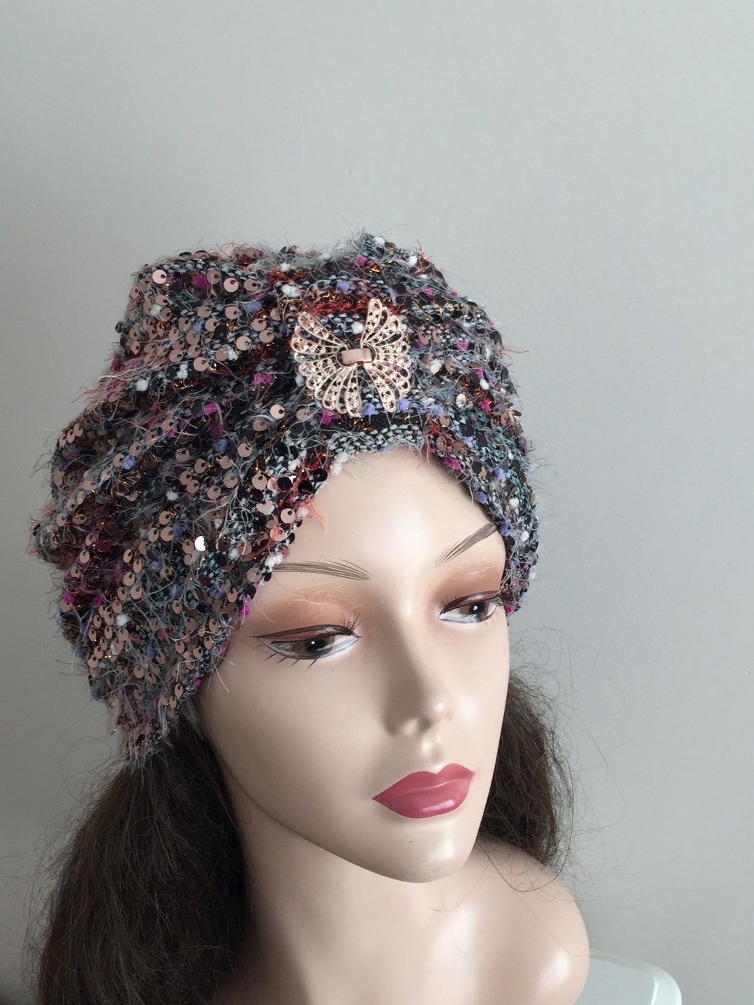 Strick Turban- Rosegold Haarband Turban- Pailletten-Glitzer