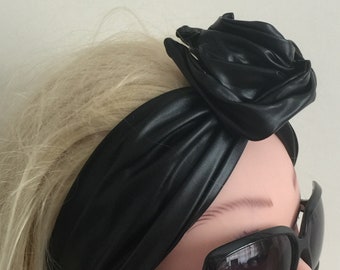 Black leather shapable headband- wired headwrap- pinup head scarf- moldable band- turban -wire wrap hairband- dolly bow hair tie scarf