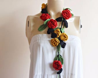 Rose Scarf-Red and Mustard Roses with Black and Green Leaves -Lariat Necklace