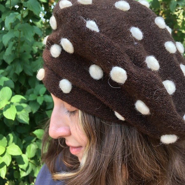 Dark Brown winter hat - French Beret- Winter Accessory- Oversize Tam Slouchy Beret- Warm Slouchy Cap- Ladies Winter Hat- Brown and ivory hat