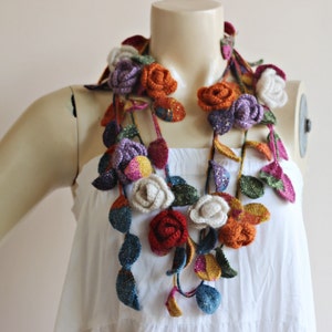Multicolor Crochet Necklace-Multicolor Lariat Scarf-Rose Lariat Scarf-Mohair Crochet Scarf with Gold Glitter- Autumn  Scarf