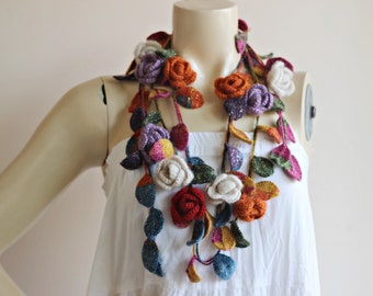 Multicolor Crochet Necklace-Multicolor Lariat Scarf-Rose Lariat Scarf-Mohair Crochet Scarf with Gold Glitter- Autumn  Scarf