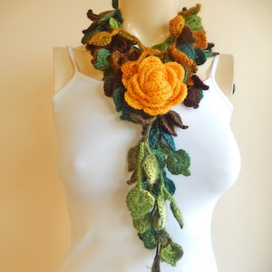 Autumn Crochet Scarf-Leaves  Necklace Scarf-Multicolor Lariat Scarf-Necklace Lariat Scarf-Shades of Green Scarf-Vegan Scarf-2 pieces- 85989